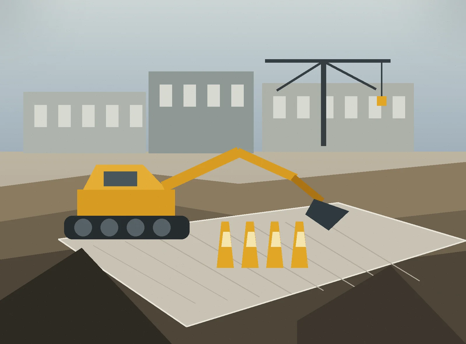 Moderne Baustelle mit Erdarbeiten, Betonflaechen und Baugeraet